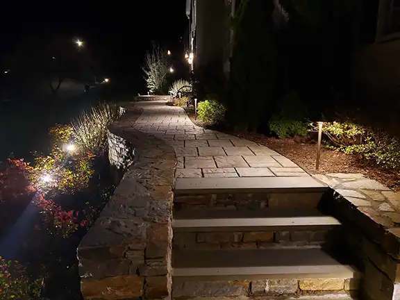 Stone pathway with elegant paver and garden uplighting at night
