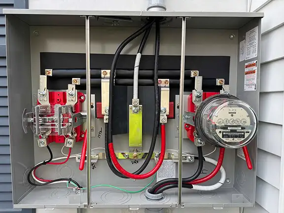Service meter box with organized red wiring and electrical components