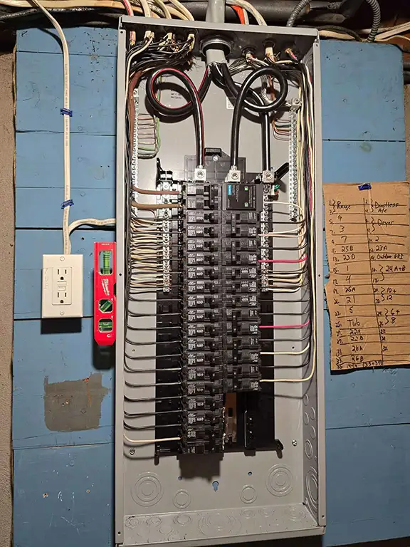 Organized electrical panel after upgrade with labeled circuits