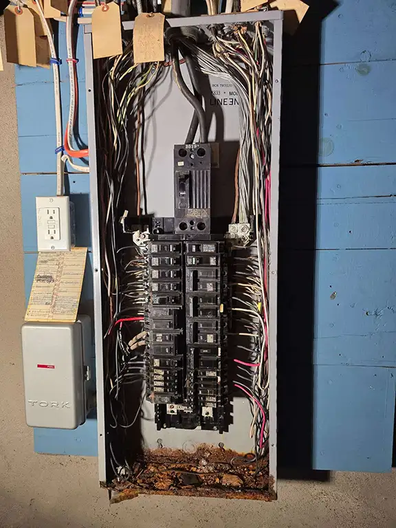 Interior electrical panel with organized circuit breaker wiring